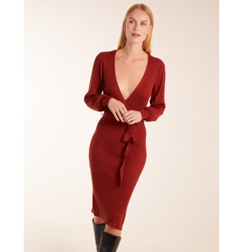 Ribbed V-Neck Tie Wrap Midi Dress