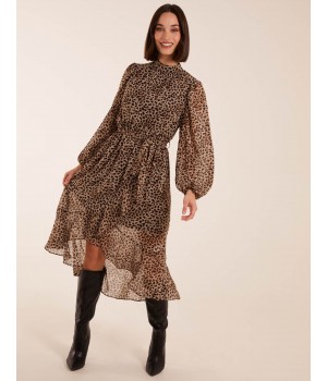 Leopard Print High Neck Wrap Frill Hem Midi Dress