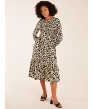 Animal Print Shirred Long Sleeve Midi Dress